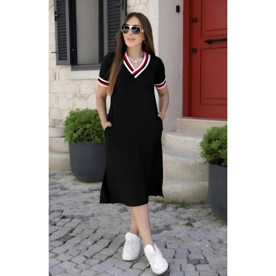 Kadın Kısa Kollu V Yaka Ribana Detay Midiboy Viskon Elbise, 32674