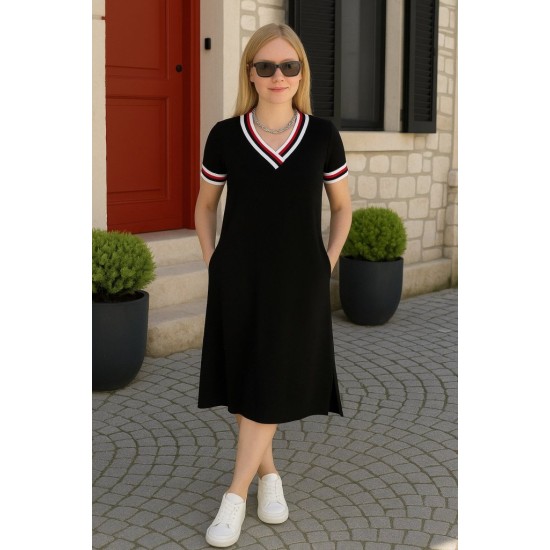Kadın Kısa Kollu V Yaka Ribana Detay Midiboy Viskon Elbise, 32674