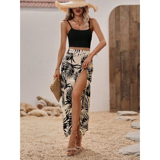 Kadın Ip Askılı Yuvarlak Yaka Kısa Viskon Bluz Ve Desenli Yırtmaçlı Süprem Etek Ikili Takım, 32682