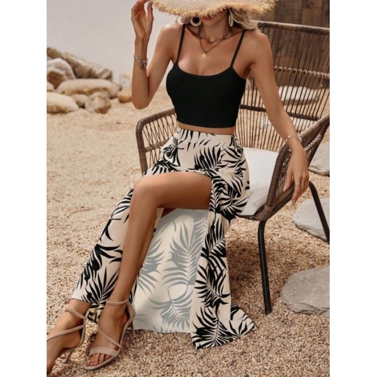 Kadın Ip Askılı Yuvarlak Yaka Kısa Viskon Bluz Ve Desenli Yırtmaçlı Süprem Etek Ikili Takım, 32682