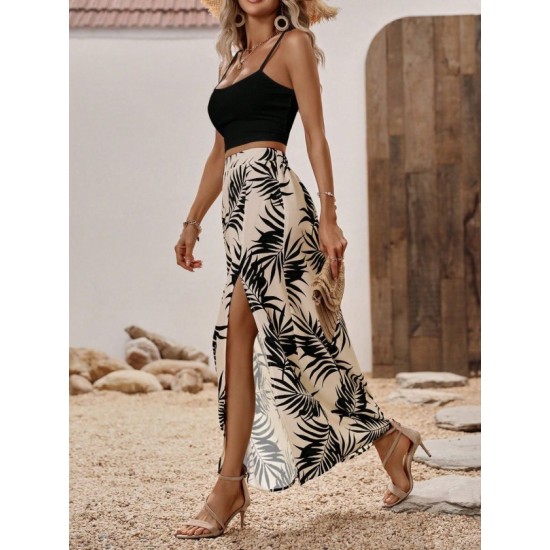 Kadın Ip Askılı Yuvarlak Yaka Kısa Viskon Bluz Ve Desenli Yırtmaçlı Süprem Etek Ikili Takım, 32682