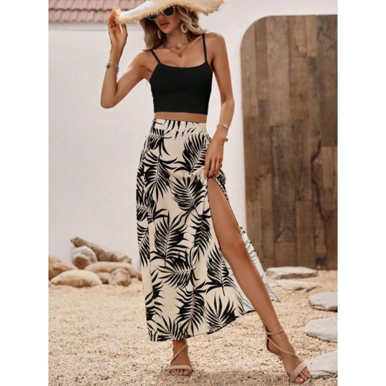 Kadın Ip Askılı Yuvarlak Yaka Kısa Viskon Bluz Ve Desenli Yırtmaçlı Süprem Etek Ikili Takım, 32682