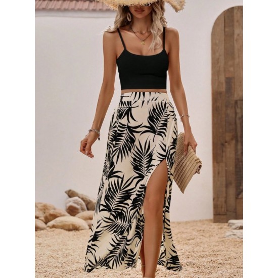 Kadın Ip Askılı Yuvarlak Yaka Kısa Viskon Bluz Ve Desenli Yırtmaçlı Süprem Etek Ikili Takım, 32682