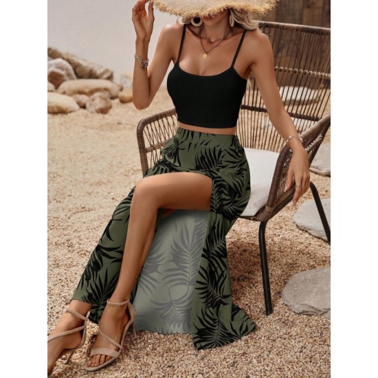 Kadın Ip Askılı Yuvarlak Yaka Kısa Viskon Bluz Ve Desenli Yırtmaçlı Süprem Etek Ikili Takım, 32681