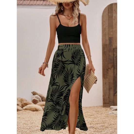 Kadın Ip Askılı Yuvarlak Yaka Kısa Viskon Bluz Ve Desenli Yırtmaçlı Süprem Etek Ikili Takım, 32681