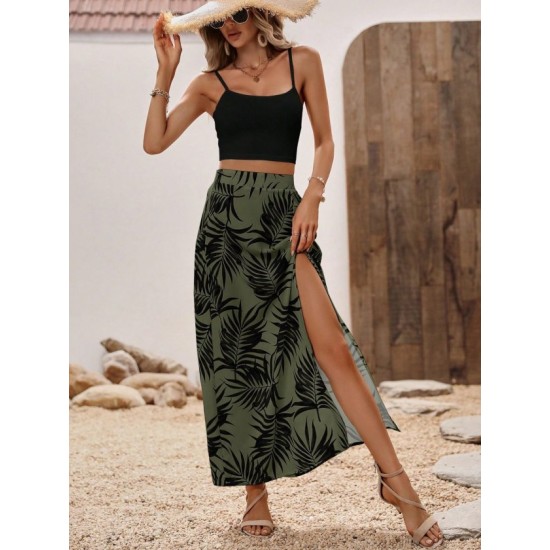 Kadın Ip Askılı Yuvarlak Yaka Kısa Viskon Bluz Ve Desenli Yırtmaçlı Süprem Etek Ikili Takım, 32681