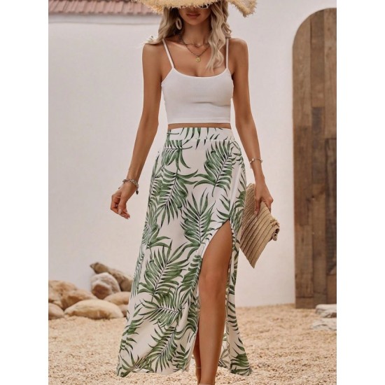 Kadın Ip Askılı Yuvarlak Yaka Kısa Viskon Bluz Ve Desenli Yırtmaçlı Süprem Etek Ikili Takım, 32679