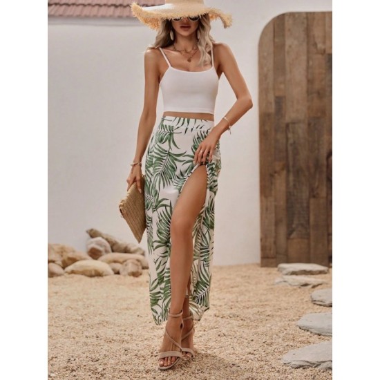 Kadın Ip Askılı Yuvarlak Yaka Kısa Viskon Bluz Ve Desenli Yırtmaçlı Süprem Etek Ikili Takım, 32679