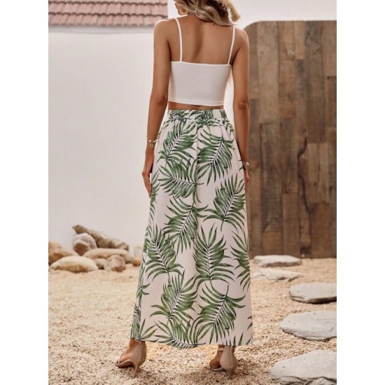 Kadın Ip Askılı Yuvarlak Yaka Kısa Viskon Bluz Ve Desenli Yırtmaçlı Süprem Etek Ikili Takım, 32679