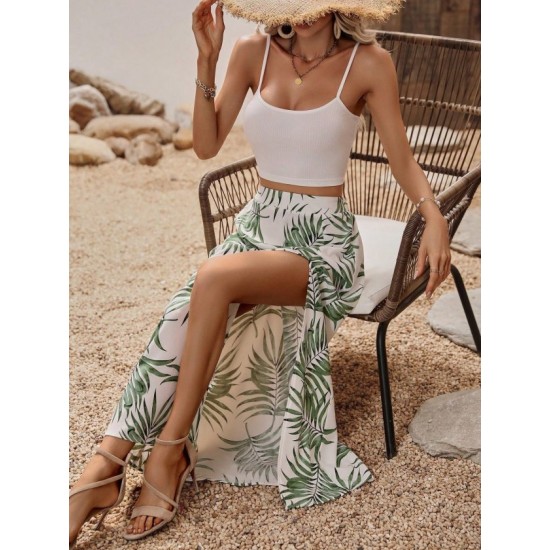 Kadın Ip Askılı Yuvarlak Yaka Kısa Viskon Bluz Ve Desenli Yırtmaçlı Süprem Etek Ikili Takım, 32679