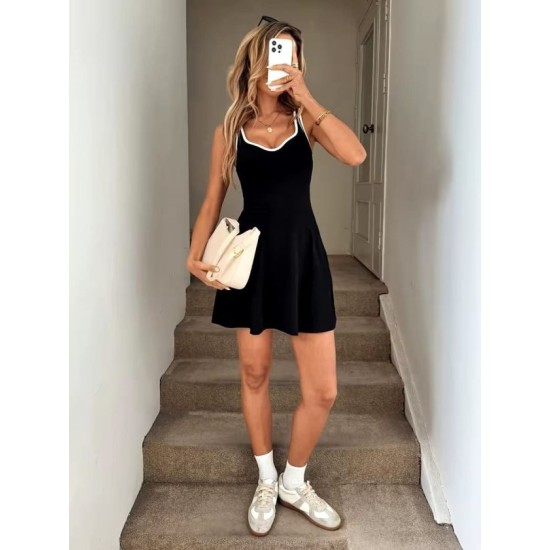 Kadın Askılı Kalp Yakalı şerit Detaylı Dalgıç Kısa Elbise , 32678