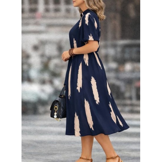 Kadın Kısa Kollu Yarı Balıkçı Yaka Ceplı Desenli Midi Elbise, 32694