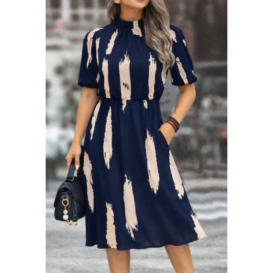Kadın Kısa Kollu Yarı Balıkçı Yaka Ceplı Desenli Midi Elbise, 32694