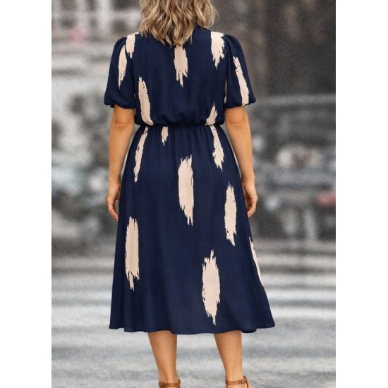 Kadın Kısa Kollu Yarı Balıkçı Yaka Ceplı Desenli Midi Elbise, 32694
