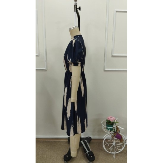 Kadın Kısa Kollu Yarı Balıkçı Yaka Ceplı Desenli Midi Elbise, 32694