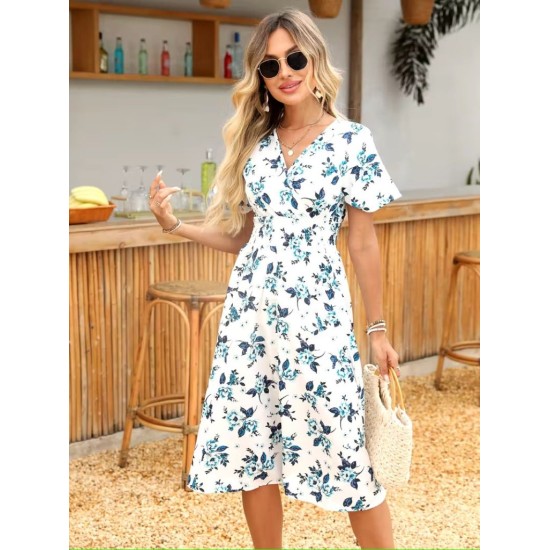 Kadın Kısa Kollu Kruvaze Yakalı Mini Desenli Süprem Elbise , 32716 Kadın Kısa Kollu Kruvaze Yakalı Mini Desenli Süprem Elbise , 32716