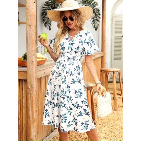 Kadın Kısa Kollu Kruvaze Yakalı Mini Desenli Süprem Elbise , 32716 Kadın Kısa Kollu Kruvaze Yakalı Mini Desenli Süprem Elbise , 32716