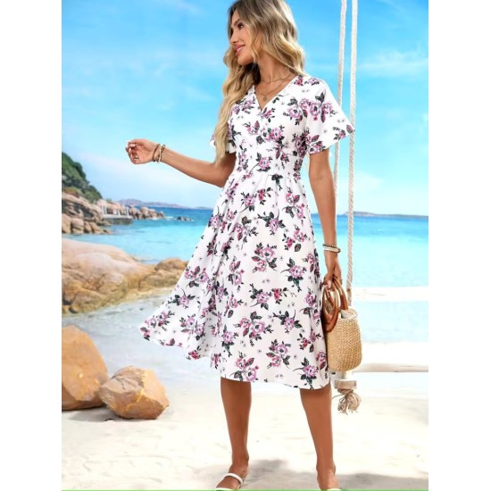 Kadın Kısa Kollu Kruvaze Yakalı Mini Desenli Süprem Elbise , 32715 Kadın Kısa Kollu Kruvaze Yakalı Mini Desenli Süprem Elbise , 32715