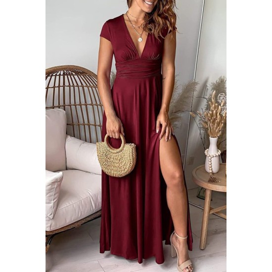 Kısa Kollu Derın V Yakalı Belden Buzgulu Yırtmaçlı Uzun Sandy Elbise, 32711 Kısa Kollu Derın V Yakalı Belden Buzgulu Yırtmaçlı Uzun Sandy Elbise, 32711