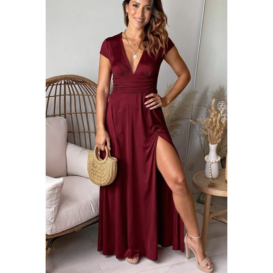 Kısa Kollu Derın V Yakalı Belden Buzgulu Yırtmaçlı Uzun Sandy Elbise, 32711 Kısa Kollu Derın V Yakalı Belden Buzgulu Yırtmaçlı Uzun Sandy Elbise, 32711