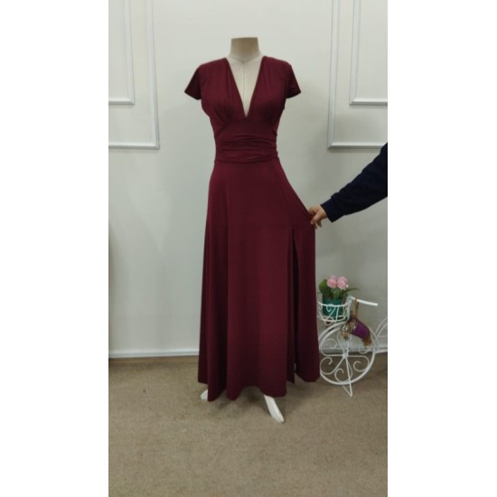 Kısa Kollu Derın V Yakalı Belden Buzgulu Yırtmaçlı Uzun Sandy Elbise, 32711 Kısa Kollu Derın V Yakalı Belden Buzgulu Yırtmaçlı Uzun Sandy Elbise, 32711