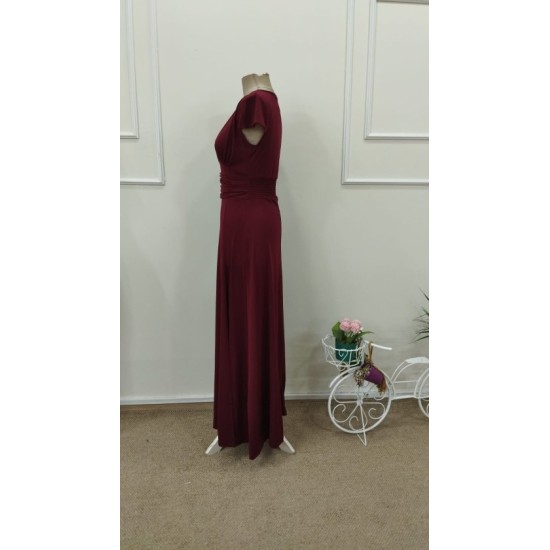 Kısa Kollu Derın V Yakalı Belden Buzgulu Yırtmaçlı Uzun Sandy Elbise, 32711 Kısa Kollu Derın V Yakalı Belden Buzgulu Yırtmaçlı Uzun Sandy Elbise, 32711