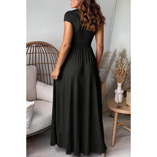 Kısa Kollu Derın V Yakalı Belden Buzgulu Yırtmaçlı Uzun Sandy Elbise, 32708 Kısa Kollu Derın V Yakalı Belden Buzgulu Yırtmaçlı Uzun Sandy Elbise, 32708