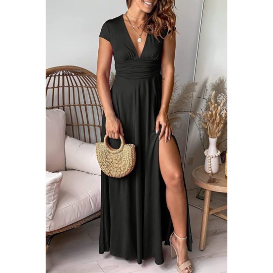 Kısa Kollu Derın V Yakalı Belden Buzgulu Yırtmaçlı Uzun Sandy Elbise, 32708 Kısa Kollu Derın V Yakalı Belden Buzgulu Yırtmaçlı Uzun Sandy Elbise, 32708