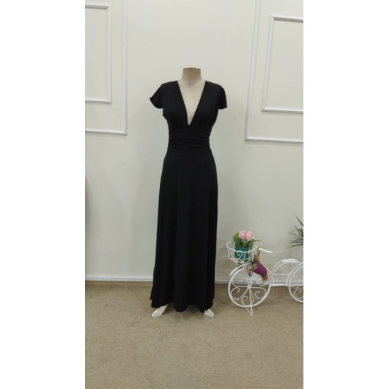 Kısa Kollu Derın V Yakalı Belden Buzgulu Yırtmaçlı Uzun Sandy Elbise, 32708 Kısa Kollu Derın V Yakalı Belden Buzgulu Yırtmaçlı Uzun Sandy Elbise, 32708