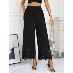 Kadın Yüksel Bel Beli Lastıklı çiçek Desenli Lazer Kesım Detaylı Ithal Krep Pantolon, 32704