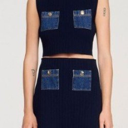 Kadın Sıfır Kol Bluz Ve Mini Etek, Cep Detay Triko Takım, 32703 Kadın Sıfır Kol Bluz Ve Mini Etek, Cep Detay Triko Takım, 32703