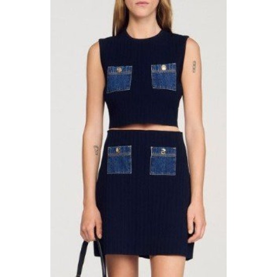 Kadın Sıfır Kol Bluz Ve Mini Etek, Cep Detay Triko Takım, 32703 Kadın Sıfır Kol Bluz Ve Mini Etek, Cep Detay Triko Takım, 32703