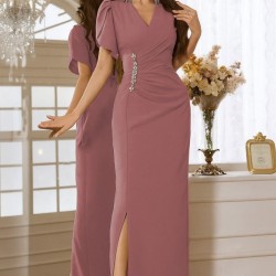 Kadın Kısa Kollu Kruvaze Yakalı Belden çiçek Aksesuarlı Yırtmaçlı Ithal Krep Elbise , 32719 Kadın Kısa Kollu Kruvaze Yakalı Belden çiçek Aksesuarlı Yırtmaçlı Ithal Krep Elbise , 32719