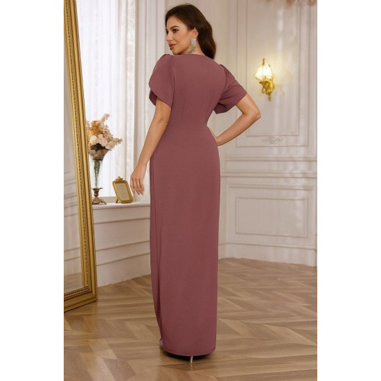 Kadın Kısa Kollu Kruvaze Yakalı Belden çiçek Aksesuarlı Yırtmaçlı Ithal Krep Elbise , 32719