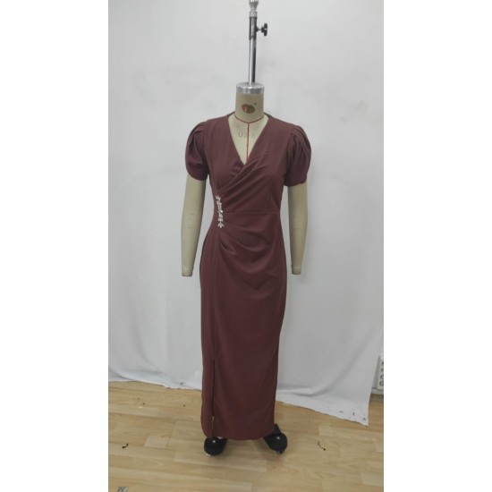 Kadın Kısa Kollu Kruvaze Yakalı Belden çiçek Aksesuarlı Yırtmaçlı Ithal Krep Elbise , 32719