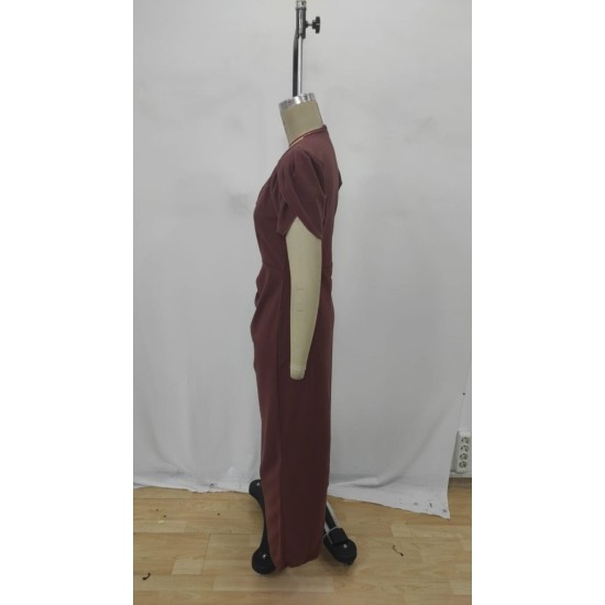 Kadın Kısa Kollu Kruvaze Yakalı Belden çiçek Aksesuarlı Yırtmaçlı Ithal Krep Elbise , 32719