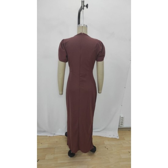 Kadın Kısa Kollu Kruvaze Yakalı Belden çiçek Aksesuarlı Yırtmaçlı Ithal Krep Elbise , 32719