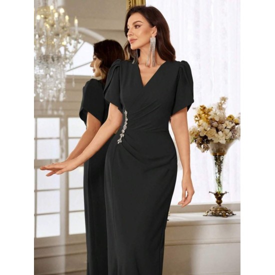 Kadın Kısa Kollu Kruvaze Yakalı Belden çiçek Aksesuarlı Yırtmaçlı Ithal Krep Elbise , 32718