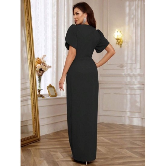 Kadın Kısa Kollu Kruvaze Yakalı Belden çiçek Aksesuarlı Yırtmaçlı Ithal Krep Elbise , 32718