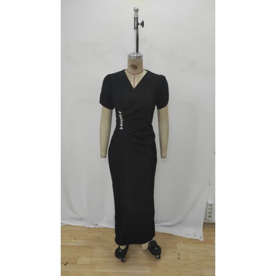 Kadın Kısa Kollu Kruvaze Yakalı Belden çiçek Aksesuarlı Yırtmaçlı Ithal Krep Elbise , 32718