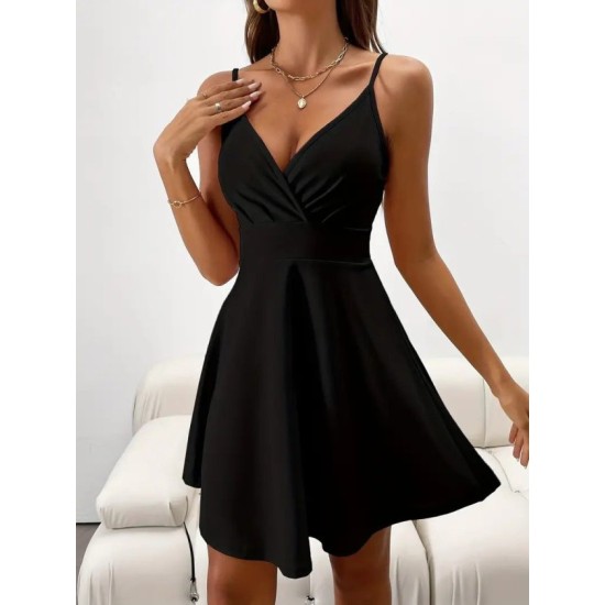 Kadın Ip Askılı Kruvaze Yakalı Kısa ıthal Krep Elbise, 32736