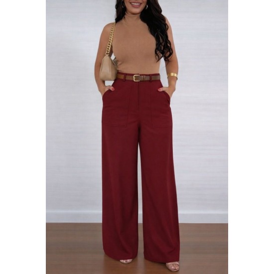 Kadın Yüksek Bel Geniş Paça Detaylı Cepli Ithal Krep Pantolon , 32735