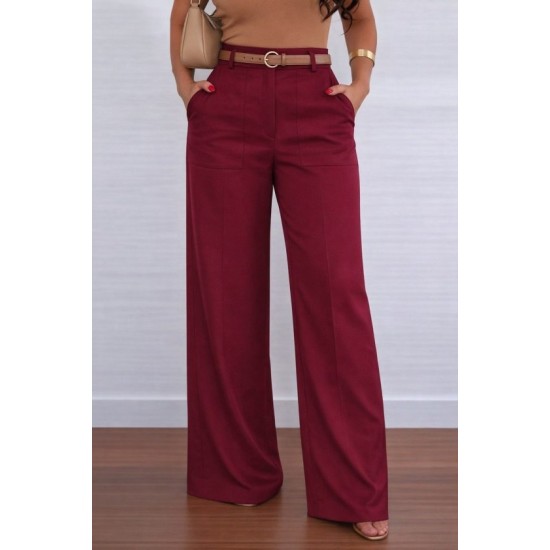 Kadın Yüksek Bel Geniş Paça Detaylı Cepli Ithal Krep Pantolon , 32735