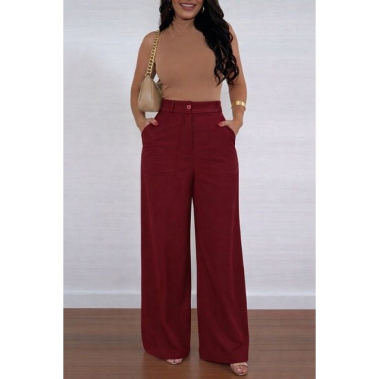 Kadın Yüksek Bel Geniş Paça Detaylı Cepli Ithal Krep Pantolon , 32735