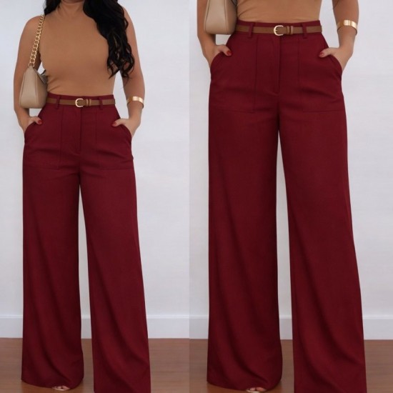 Kadın Yüksek Bel Geniş Paça Detaylı Cepli Ithal Krep Pantolon , 32735