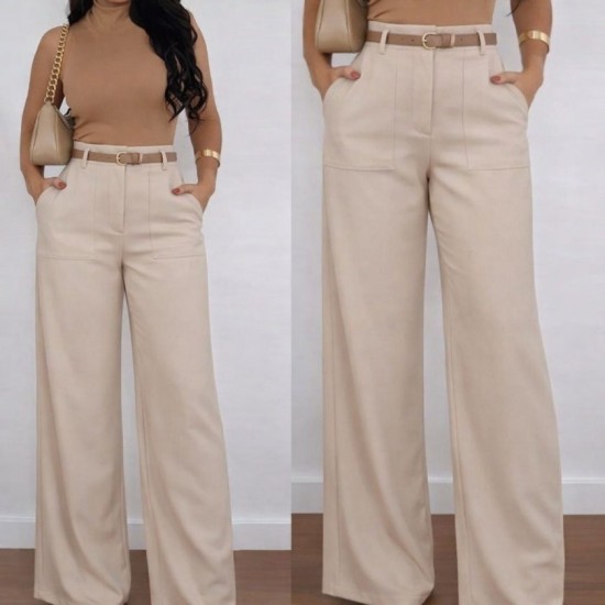 Kadın Yüksek Bel Geniş Paça Detaylı Cepli Ithal Krep Pantolon , 32734