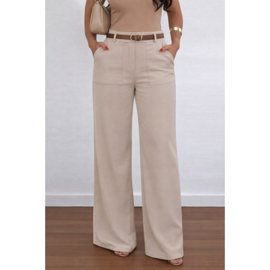 Kadın Yüksek Bel Geniş Paça Detaylı Cepli Ithal Krep Pantolon , 32734