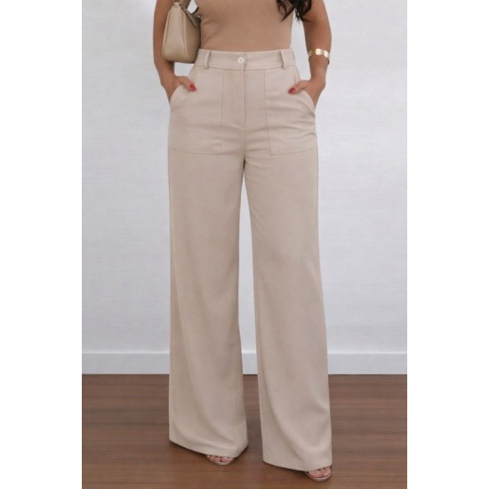 Kadın Yüksek Bel Geniş Paça Detaylı Cepli Ithal Krep Pantolon , 32734