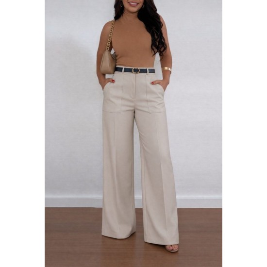 Kadın Yüksek Bel Geniş Paça Detaylı Cepli Ithal Krep Pantolon , 32734