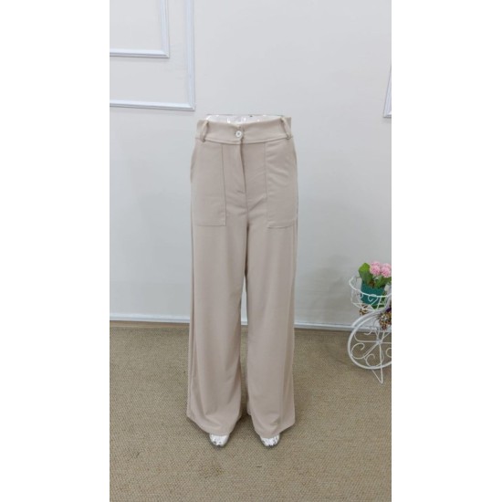 Kadın Yüksek Bel Geniş Paça Detaylı Cepli Ithal Krep Pantolon , 32734